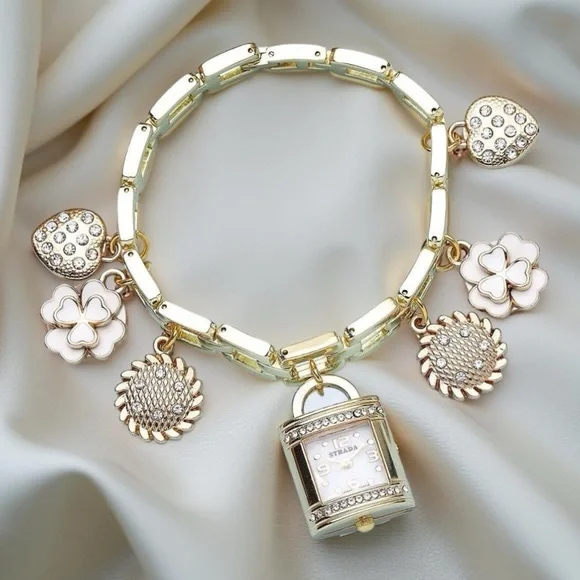 STRADA • Gold Charm Watch Bracelet New Battery Ready To Wear - Picture 3 of 5